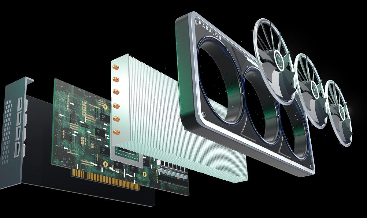 The same card taken apart: bracket, board, heatsink, shroud and fans in a row