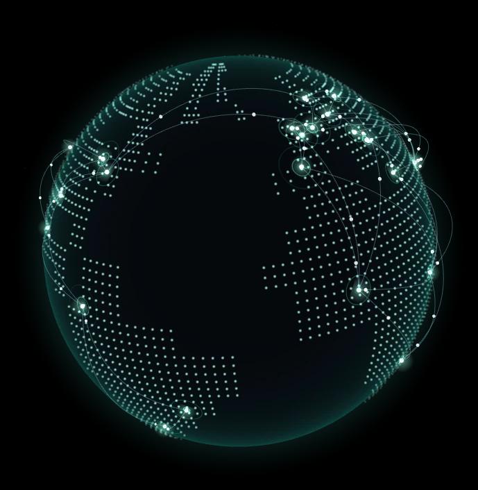 A globe drawn in dots of light, with brighter points where the machines are