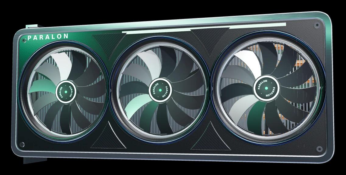 A graphics card seen from the front, its three fans