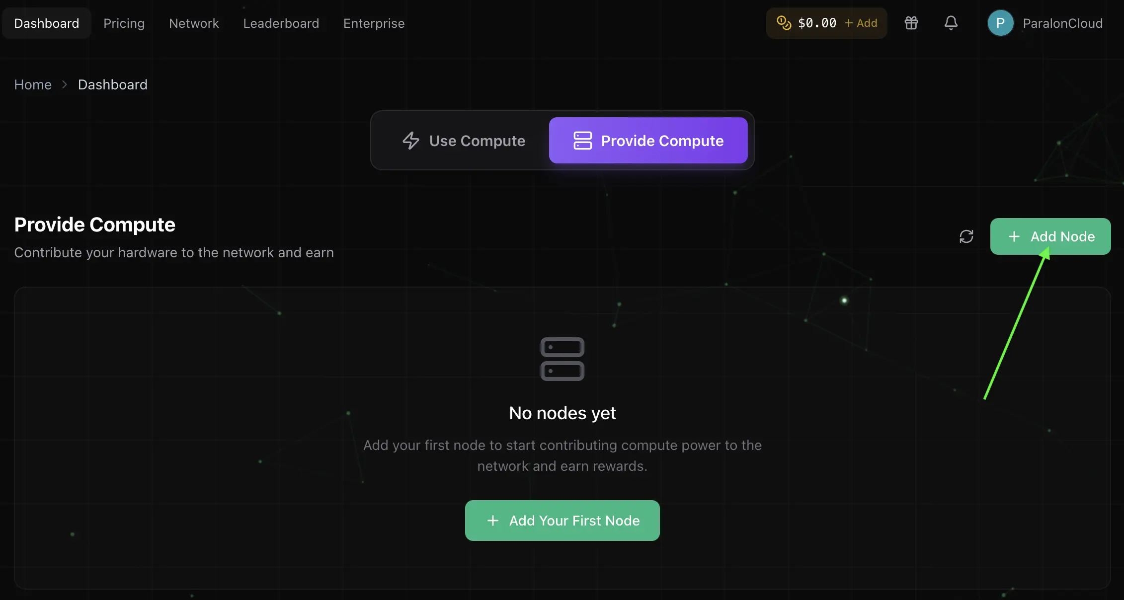 ParalonCloud dashboard on the Provide compute tab with the Add Node button