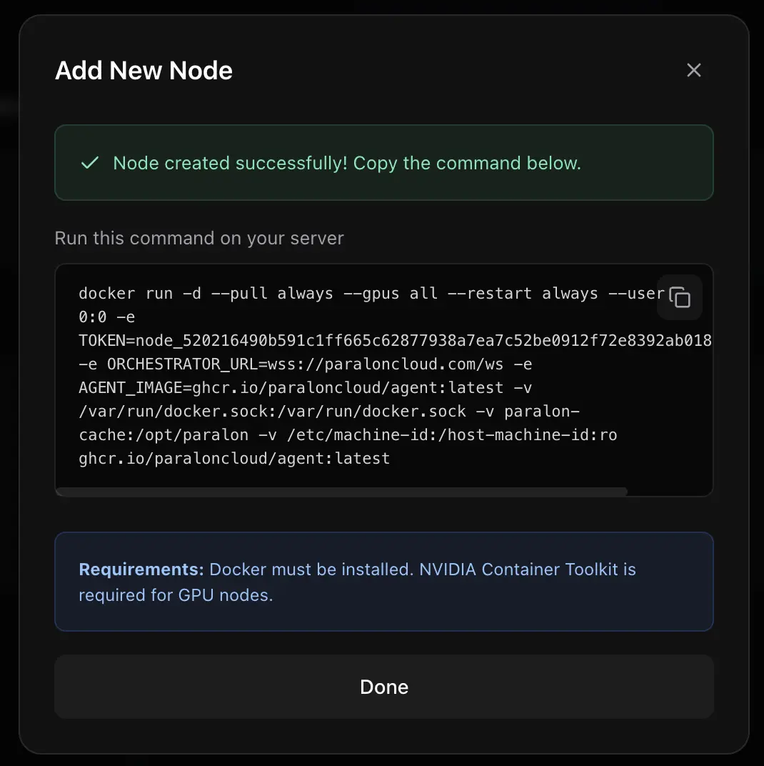 The Add Node screen showing the generated Docker install command with a copy button