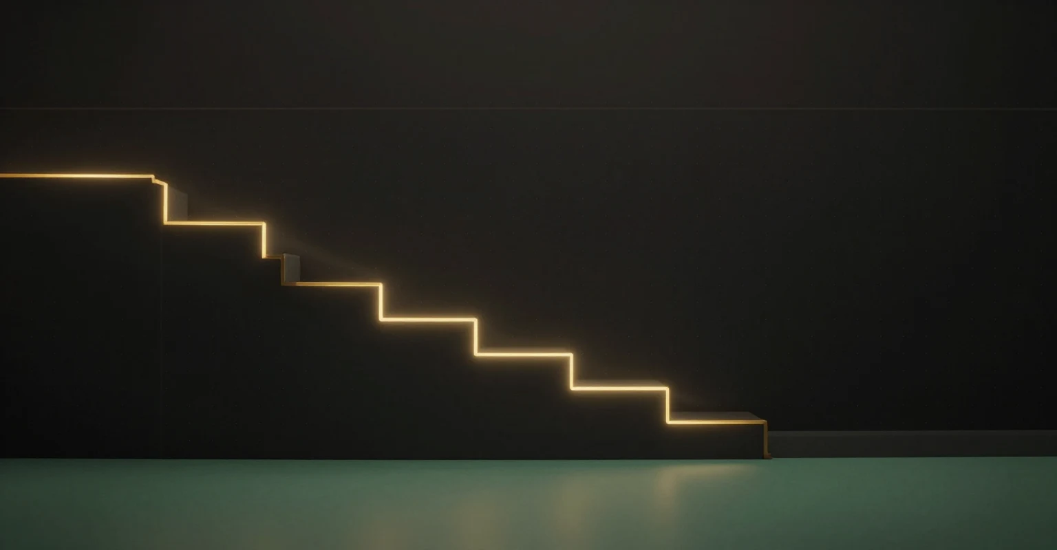 A glowing gold line stepping down across a dark wall towards a soft green floor: a price coming down step by step and stopping at its limit