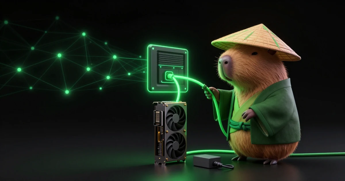 The Paralon capybara plugging a glowing cable from a terminal window straight into a graphics card, a small adapter box left unused beside it