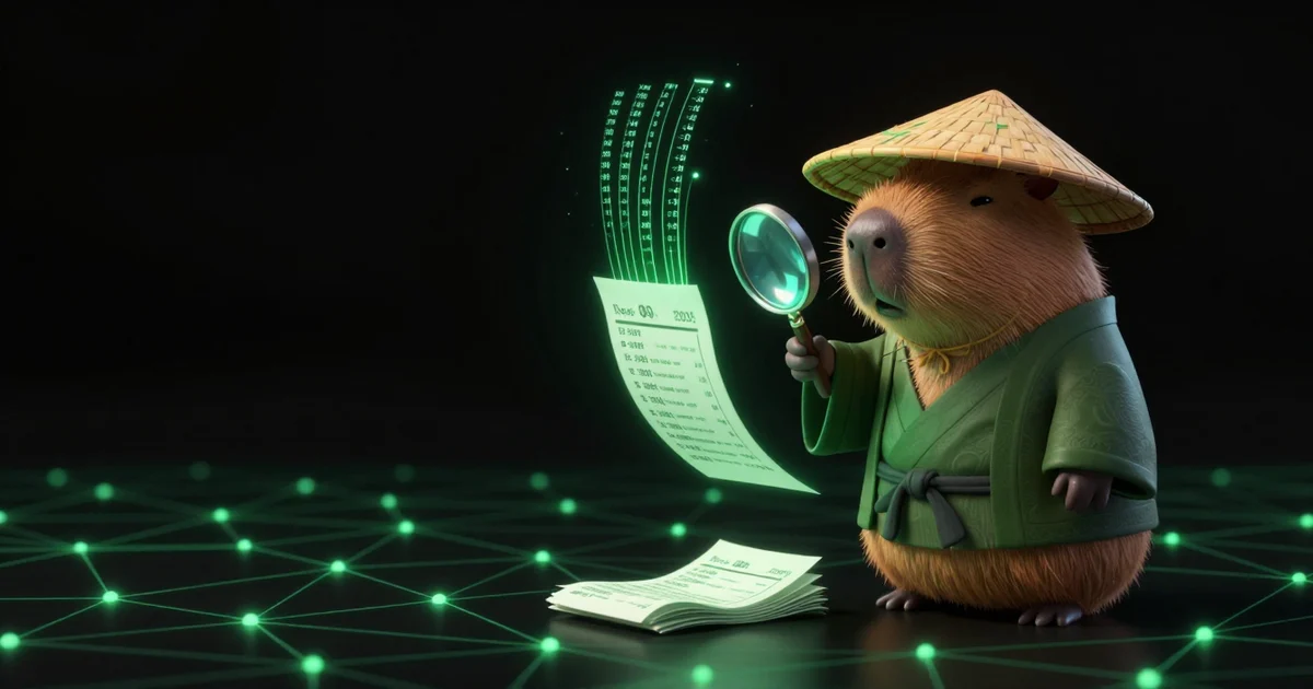 The Paralon capybara holding a magnifying glass over a floating invoice while glowing rows of extracted fields lift off the page
