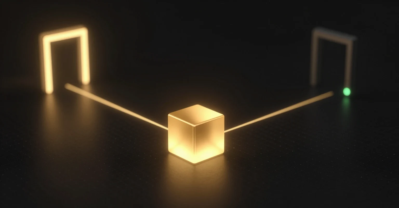 One glowing gold cube on a dark grid with two paths of light to two gates: the left one lit, the right one switched off with a small green light, one machine taking one route at a time