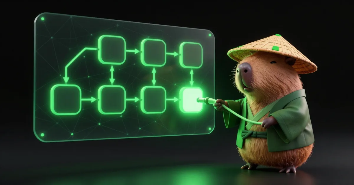 The Paralon capybara plugging a glowing cable into the last block of a workflow diagram