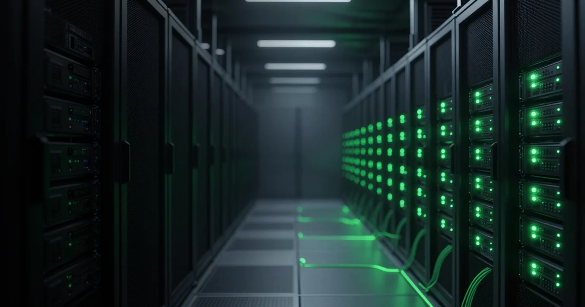 A data center aisle split in two: the racks on the left dark and unpowered, the racks on the right lit with green status lights