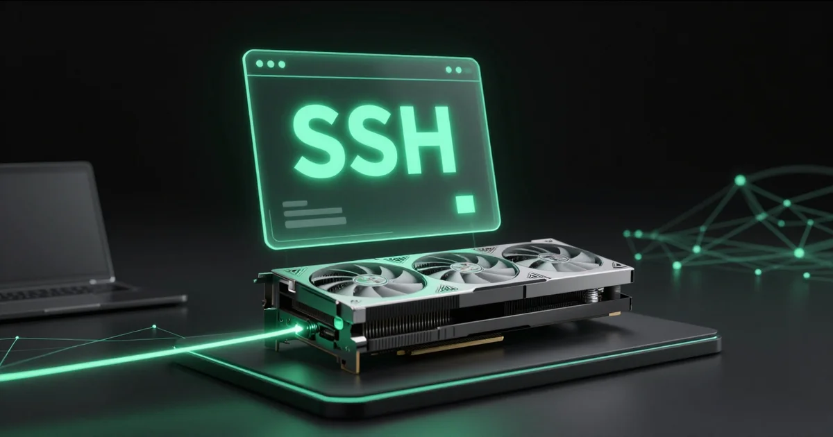 A three-fan graphics card under a glowing terminal window that reads SSH, linked to a laptop by a thin green line