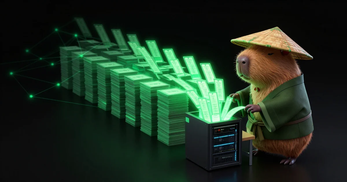 The Paralon capybara pulling a glowing ribbon of index cards out of a server cube and stacking them into tall piles