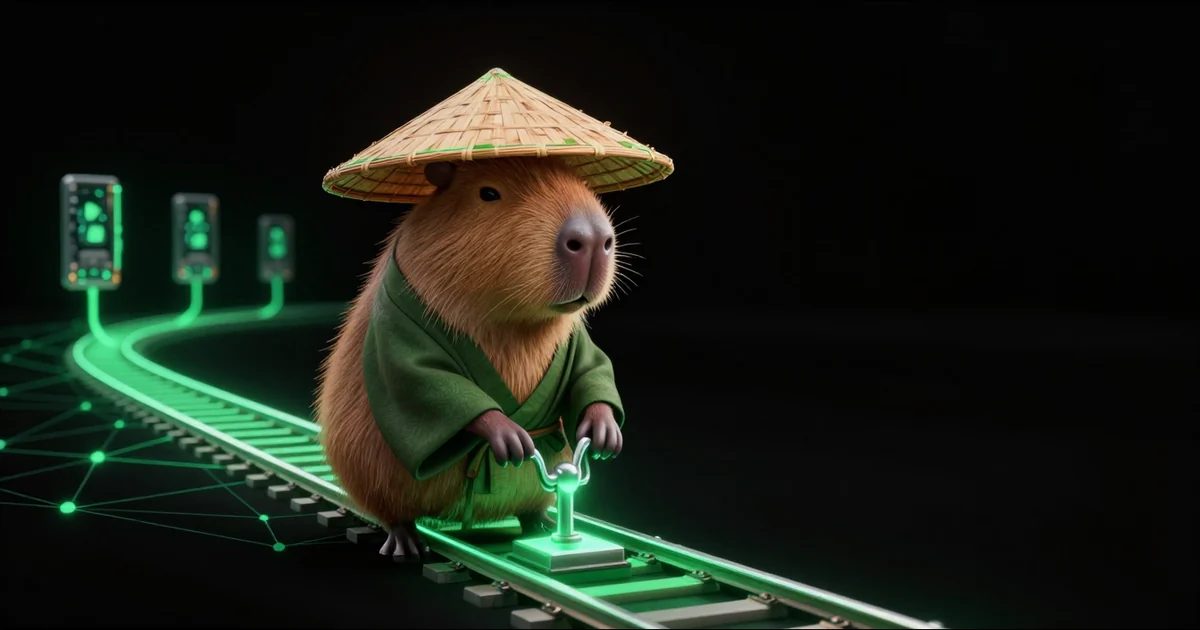 The Paralon capybara at a railway switch, routing glowing tracks toward three graphics cards