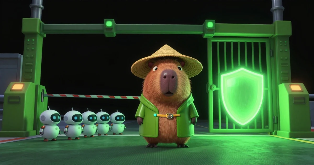 The Paralon capybara as a gatekeeper lifting a barrier on a lane marked for robots while keeping the main gate closed