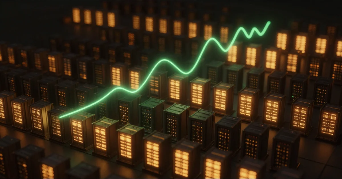 A fleet of GPU servers, some lit and some dark, with a thin green line of light rising and falling above them like a live price