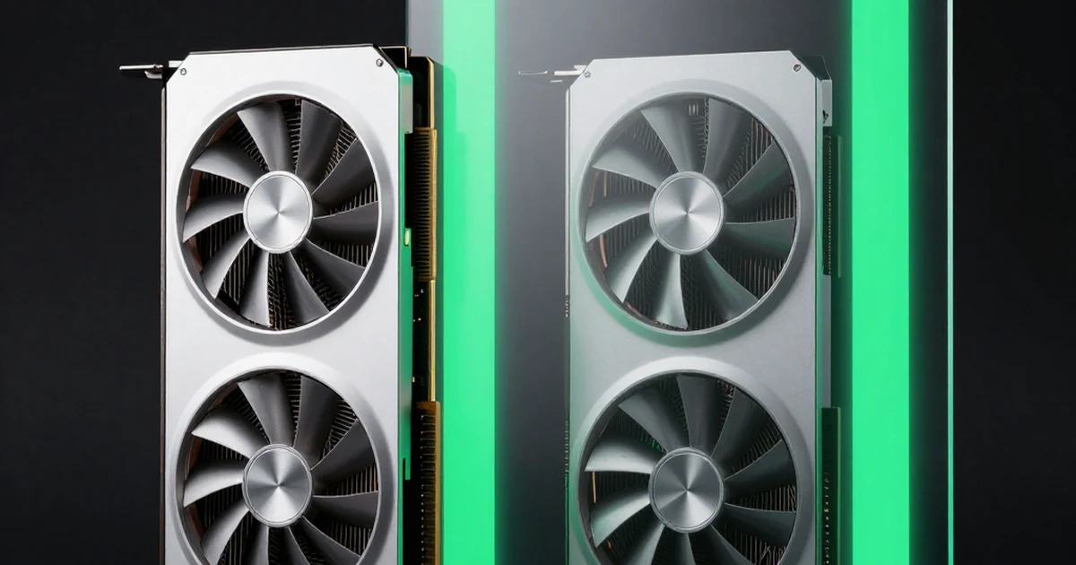 Two identical graphics cards side by side, one behind a pane of frosted glass, emerald throughput bars showing one at half the height of the other