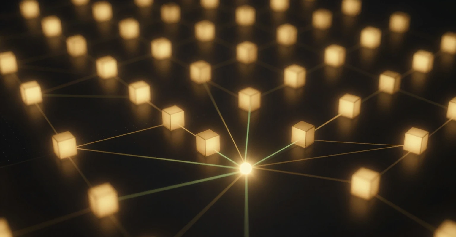 A field of glowing gold nodes on a dark grid, every one wired by a thin line of light to a single bright control point: a whole fleet run from one place