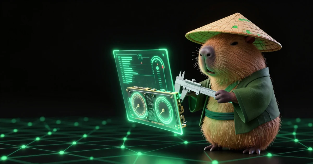 The Paralon capybara holding a measuring instrument against a glowing graphics card, emerald test readouts floating around it