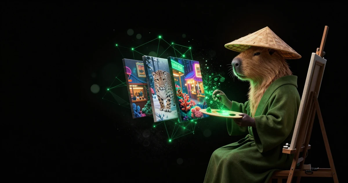 The Paralon capybara painting at an easel, with photorealistic canvases materializing from green light — generated with ParalonCloud's own image API