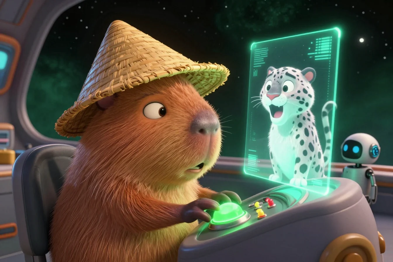 Pixar-style 3D scene: the Paralon capybara in a spaceship cockpit pressing a glowing green button as a hologram of a snow leopard appears, a small robot watching
