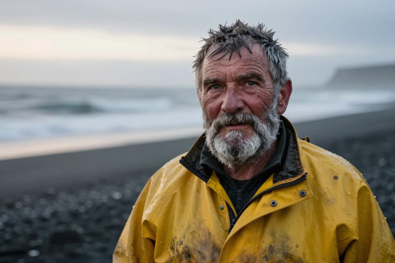 Environmental portrait of an old Icelandic fisherman in a yellow oilskin on a black-sand beach