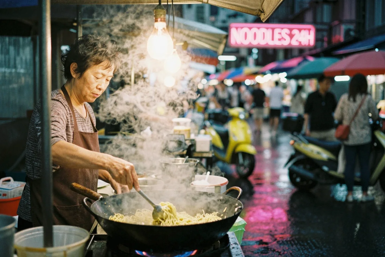 Night market — vendor, wok, steam, neon text, wet pavement, scooter; all from one prompt