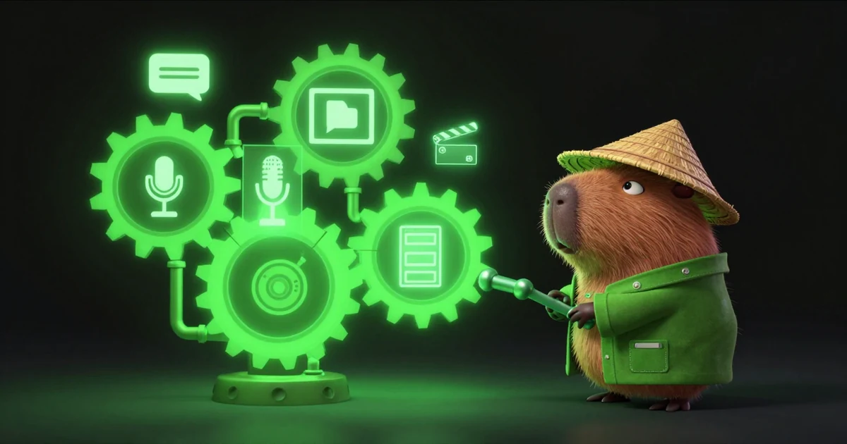 The Paralon capybara setting a machine of interlocking gears in motion — each gear carrying a different workload: chat, images, speech, video, compute