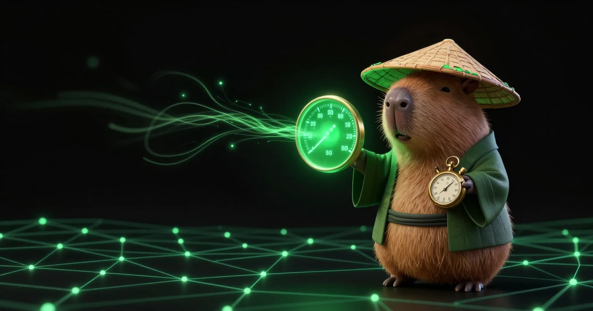 The Paralon capybara holding a stopwatch beside a glowing bandwidth gauge, emerald readouts trailing behind a graphics card