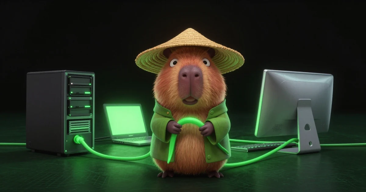 The Paralon capybara holding one glowing cable that splits toward three machines: a Linux tower with graphics cards, a Windows laptop, and a Mac
