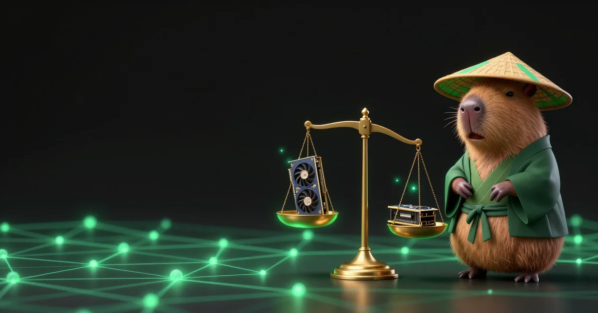 The Paralon capybara at a balance scale, one side holding a single large graphics card, the other a pair of smaller cards, streams of requests flowing toward both