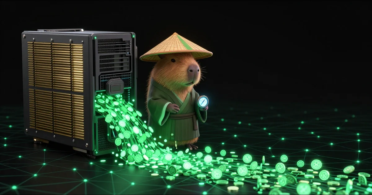 The Paralon capybara holding a gauge beside a large fanless accelerator card that pours out a wide stream of glowing tokens