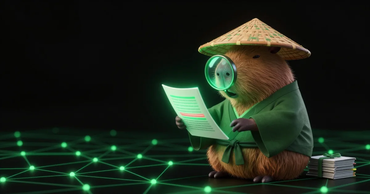 The Paralon capybara reading a glowing document through a magnifying glass, one line red among green ones