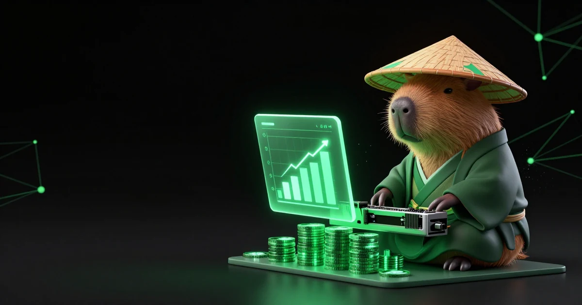 The Paralon capybara in its straw hat stacking emerald coins beside a graphics card plugged into a glowing emerald chart panel