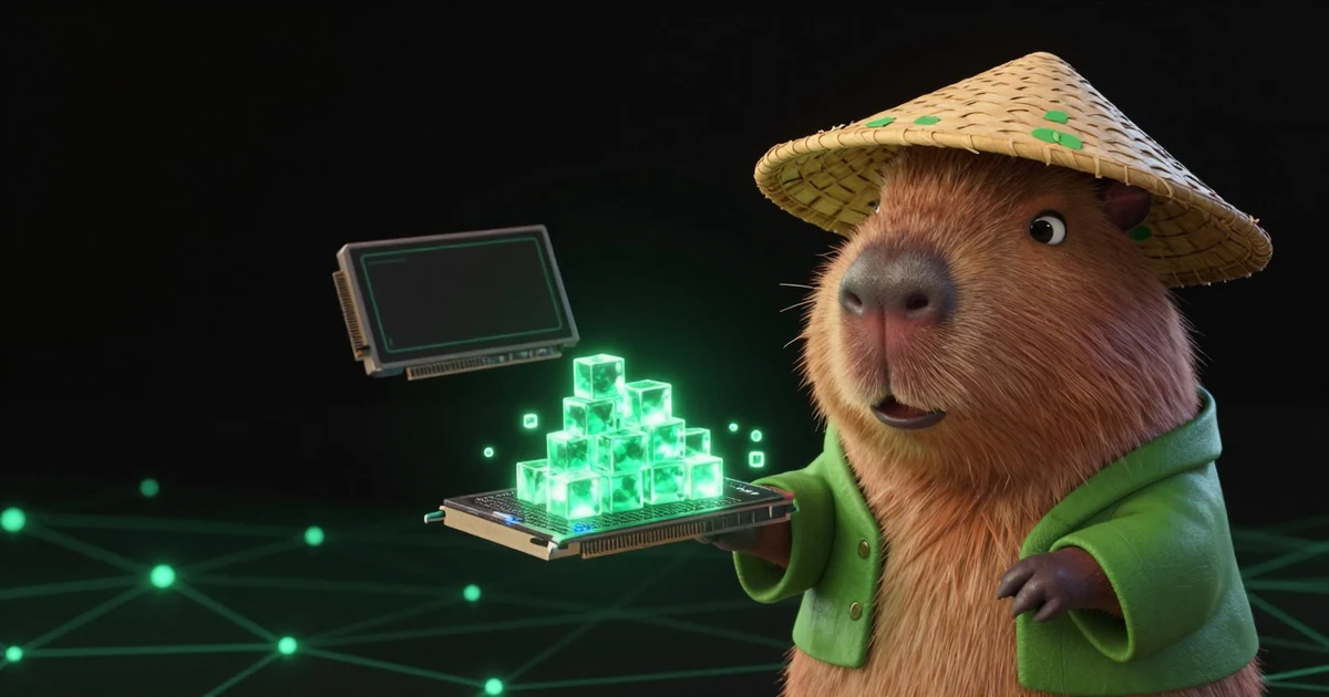 The Paralon capybara holds a graphics card lit from within by a stack of glowing green blocks — a cached prompt prefix — while a second, empty card floats dark behind it