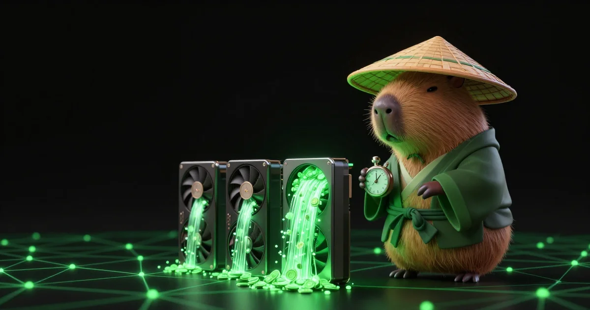 The Paralon capybara between one large graphics card carrying a heavy stream of glowing tokens and a smaller pair of cards carrying a thinner one