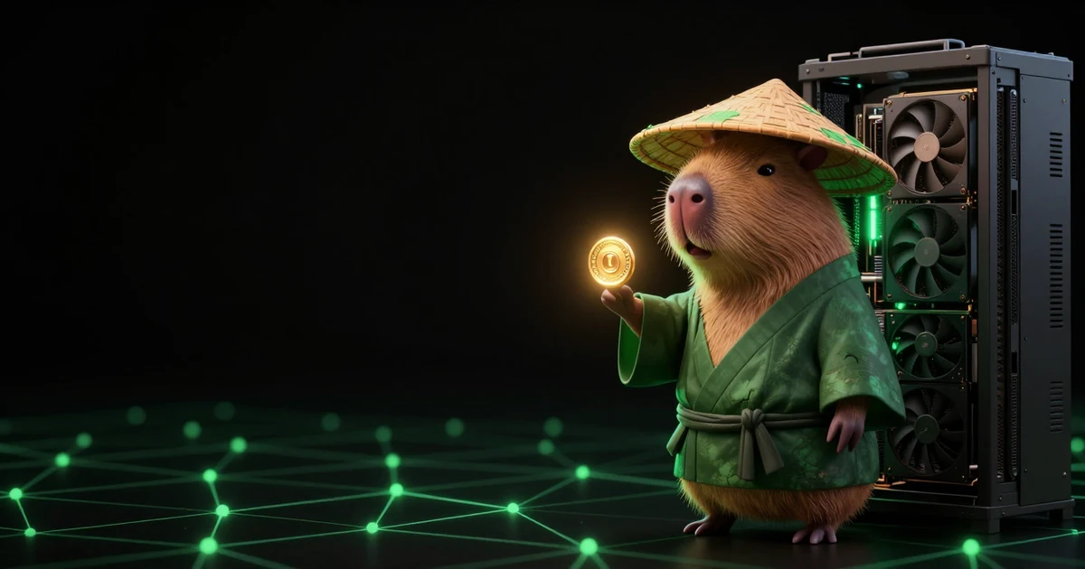 The Paralon capybara in a green robe and conical straw hat holding up a single glowing gold coin, beside a dark rack of graphics cards, on an emerald network-node grid