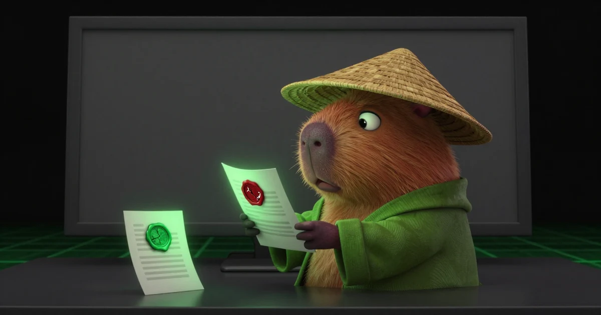 The Paralon capybara at a Mac, holding a small file with a broken wax seal while a sealed copy glows on the desk